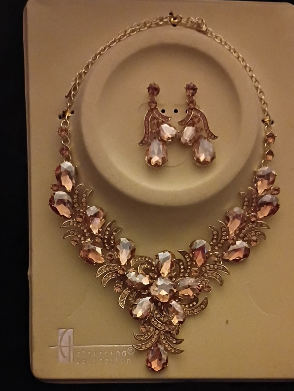 Rose Gold Crystal Necklace and Drop Earrings